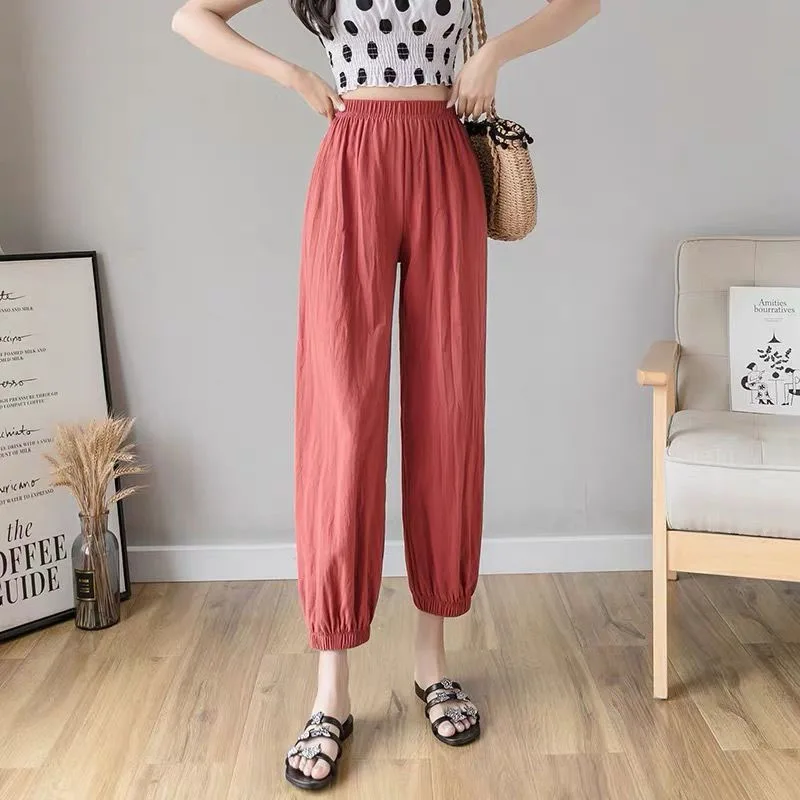 Casual Loose Cozy Harem Pants for 2026 New Summer Elastic Waist Beach Linen Pants Solid Color All-match Lantern Trousers