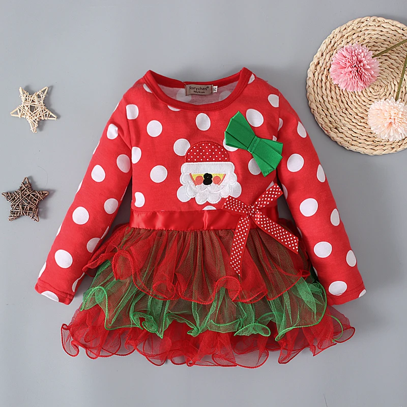 Girls European and American Spring and Autumn Christmas Polka Dot Bow Mesh Long Sleeve Dress Cake Skirt Children\'s Clothing