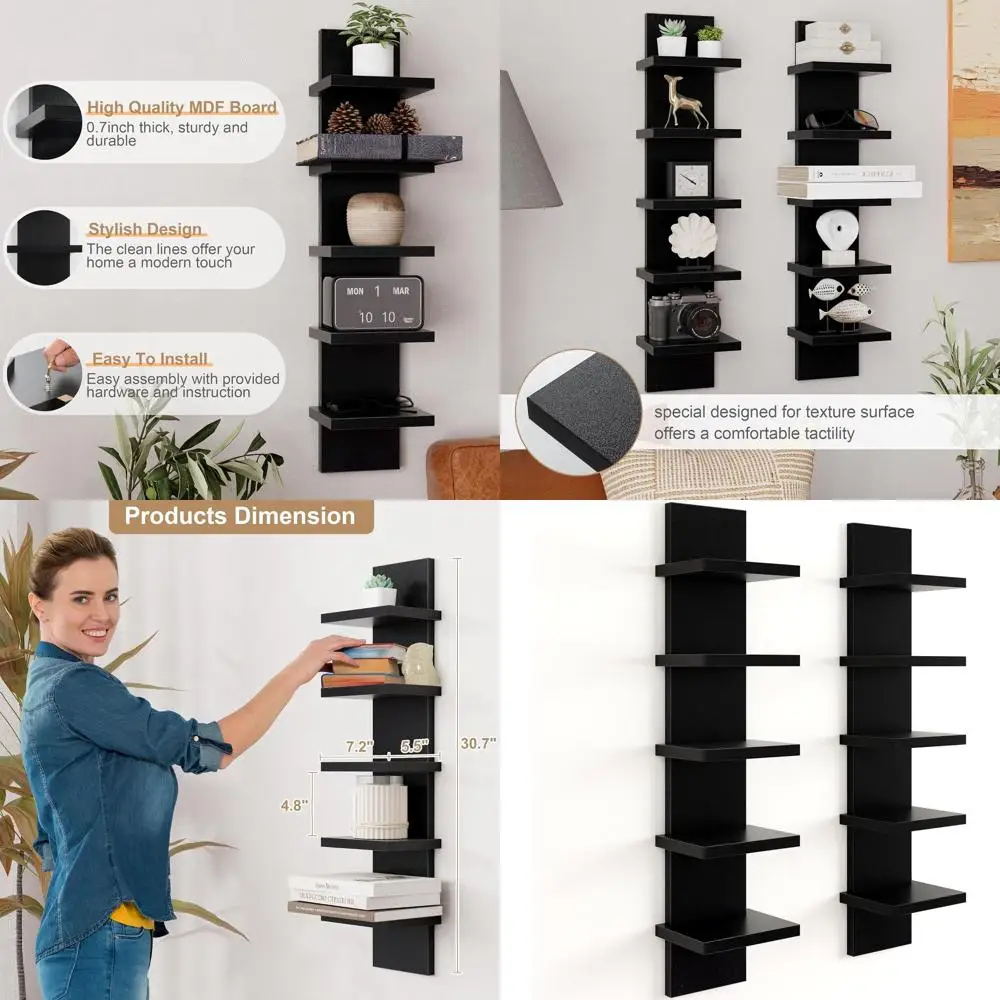 

2-Pack Black Vertical Wall Shelf Units for Storage, Space-Saving Organizer with Tower Design for Home Decor