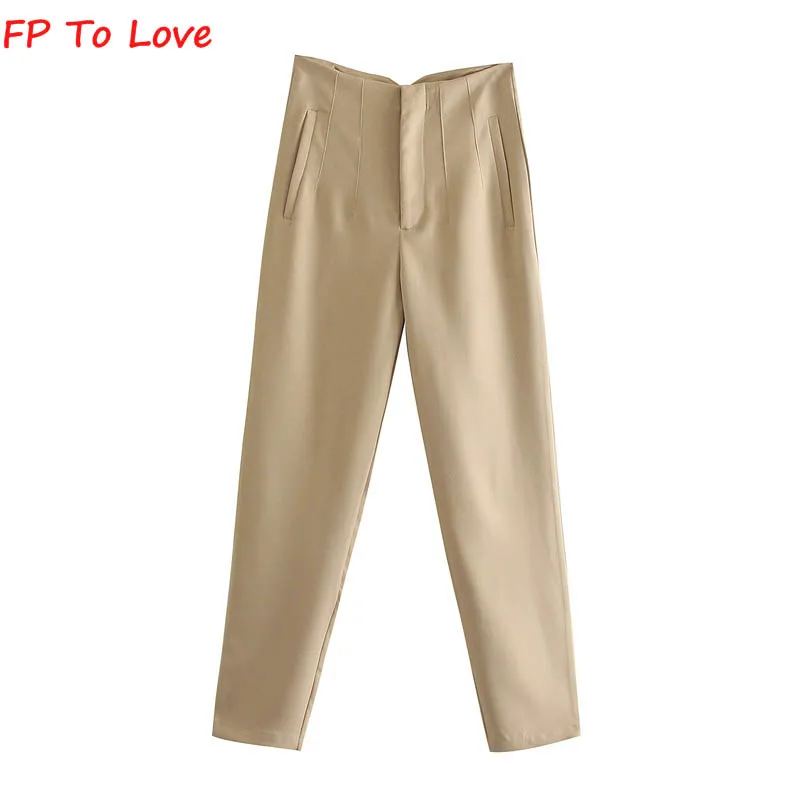 Woman Pencil Pants Elegant Casual High Waist Zipper Trousers Suit 2022 Spring Summer Long Bright Blue Green Beige FP To Love