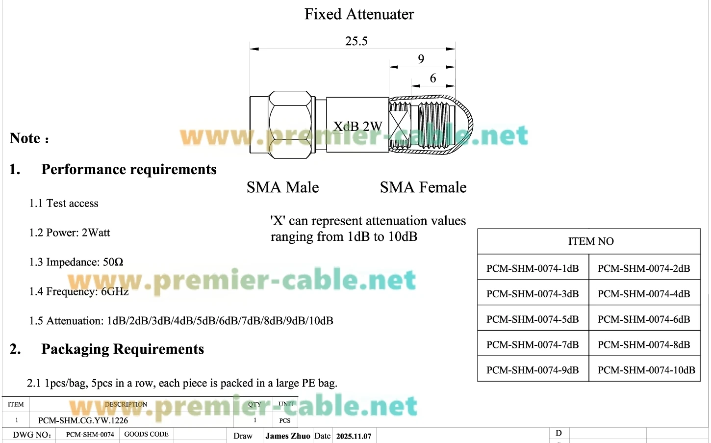 1dB-10dB 2W SMA HF-Dämpfungsglied 50 Ohm SMA Stecker auf Buchse Fester Koaxial-Dämpfungsglied DC-6GHz Niedriges VSWR für SDR, Amateurfunk, WiFi, GPS – Detail 1