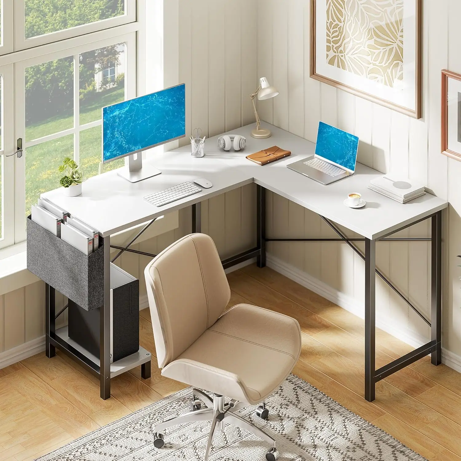 

L-Shaped Gaming Desk, 50-Inch Corner Computer Table with Storage Shelf, White Home Office Desk for Bedroom Study