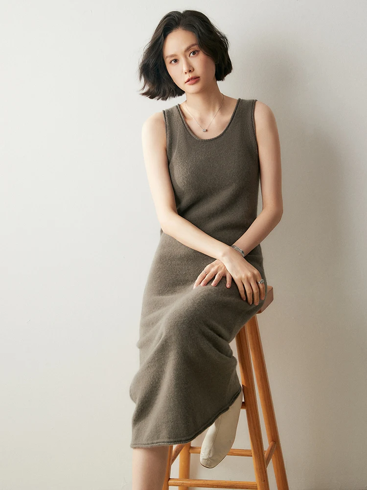 New Chic Women's 100% Cashmere Vest Dress Simple Row Style Long Dress Autumn Winter Grace Cashmere Knitted Sleeveless Dress