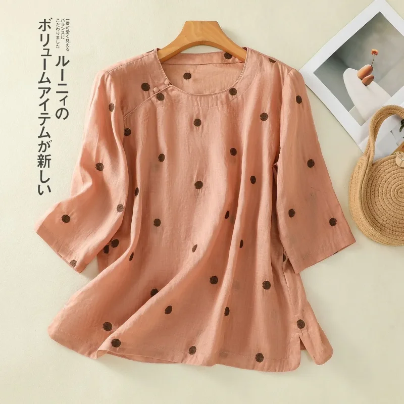

Summer Printed Polka Dot Mid-sleeve Cotton Linen Top Artistic Round Neck Design T-shirt for Women