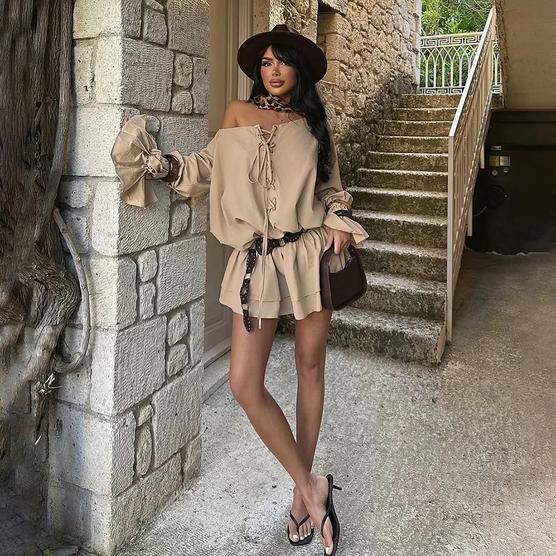 Robe de bal kaki pour femmes, Sexy, épaules dénudées, manches cloche complètes, à lacets, courte, Mini Robe de soirée, décontractée, formelle, pour anniversaire, automne