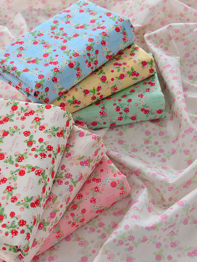 Pink Strawberry Garland Pure Cotton Fabric Handmade DIY for Sewing Clothing Bag Tablecloth by Half Meter