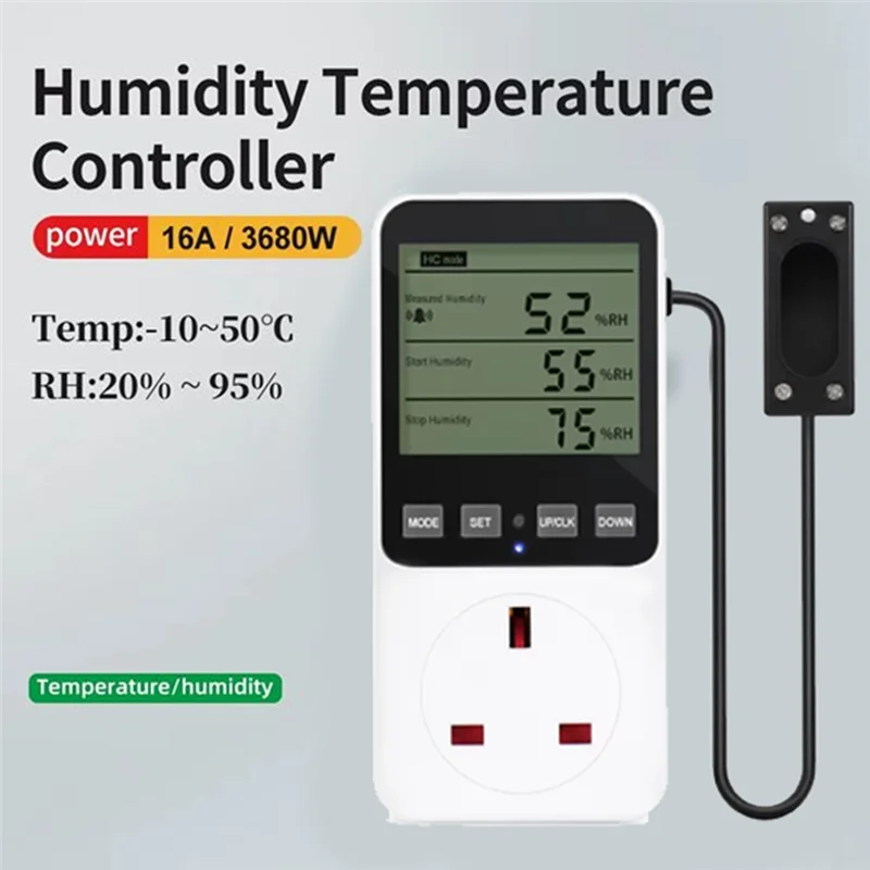 B98A-Humidity Controller Outlet 230V 13A Digital Thermostat Humidity Sensor 20- 95%RH UK Plug