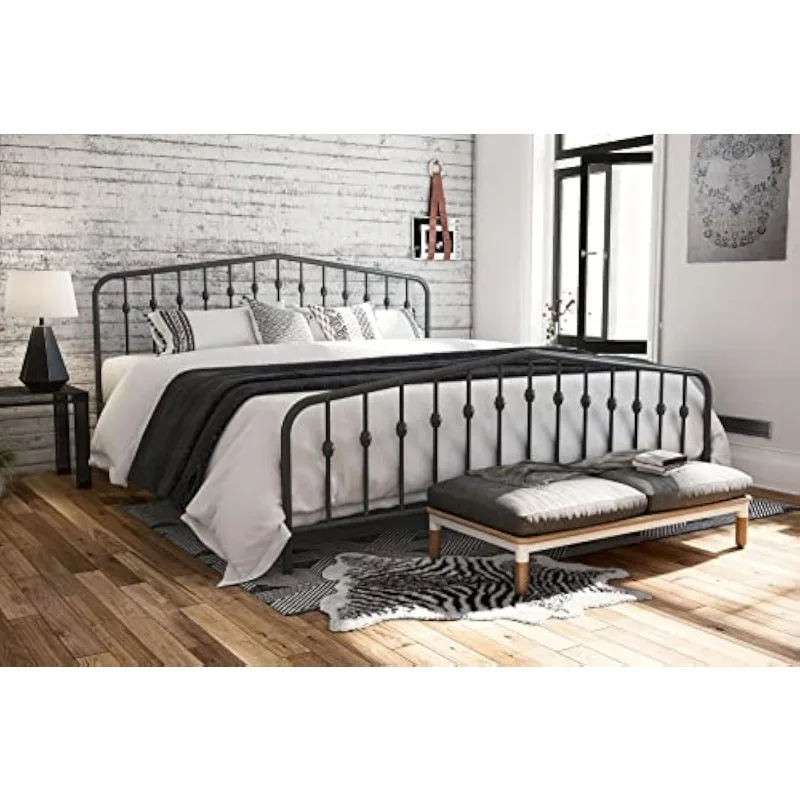 Bushwick Metal Platform Bed Frame with Headboard, King, Gunmetal Grey