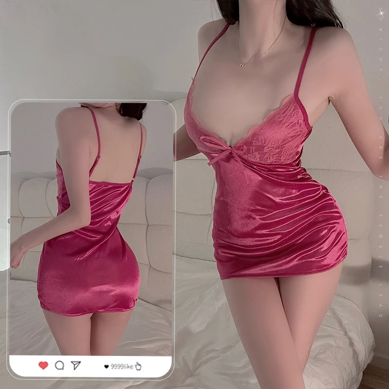 

Sexy Lingerie Nightclub Outfit Hip-Wrapped Lace Patchwork Silk-Like Nightdress Spaghetti Strap Mini Dress