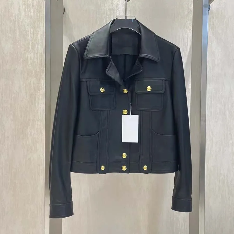 Manteau de style décontracté pour femme, vêtements en peau de mouton véritable, col rabattu, garniture boutonnée, grande et luxueuse âme, nouvelle mode, printemps 2023