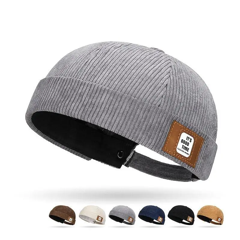 

Autumn Winter Corduroy Landlord Hat Korean Flipped Edge Beanie Bonnet Vintage Warm Adjustable Brimless Cap Unisex Docker Caps