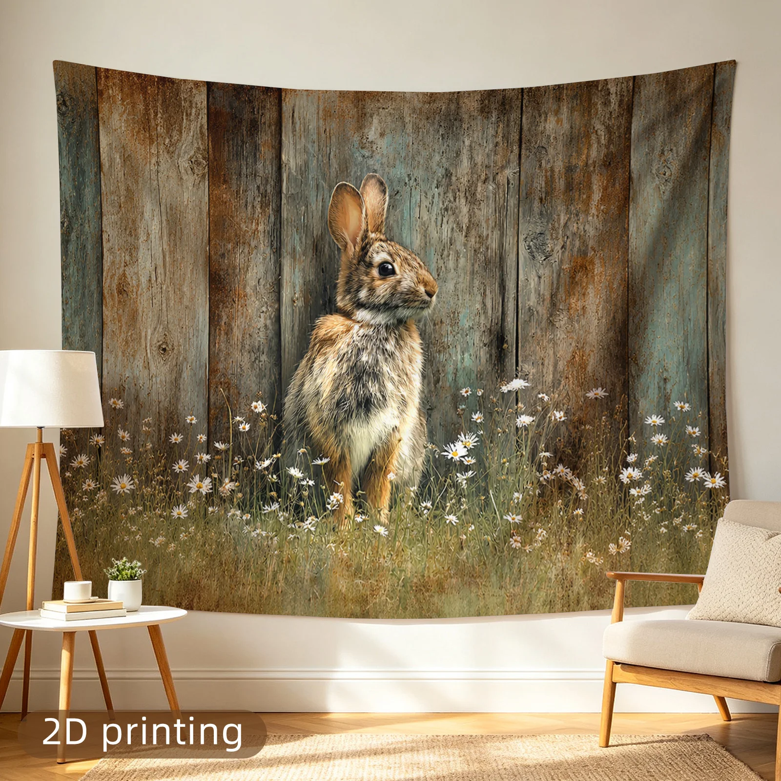2D Flat,1pc Printed Tapestry, Rabbit on Vintage Wood Board, Rustic Wall Decor, for Living Room,Bedroom