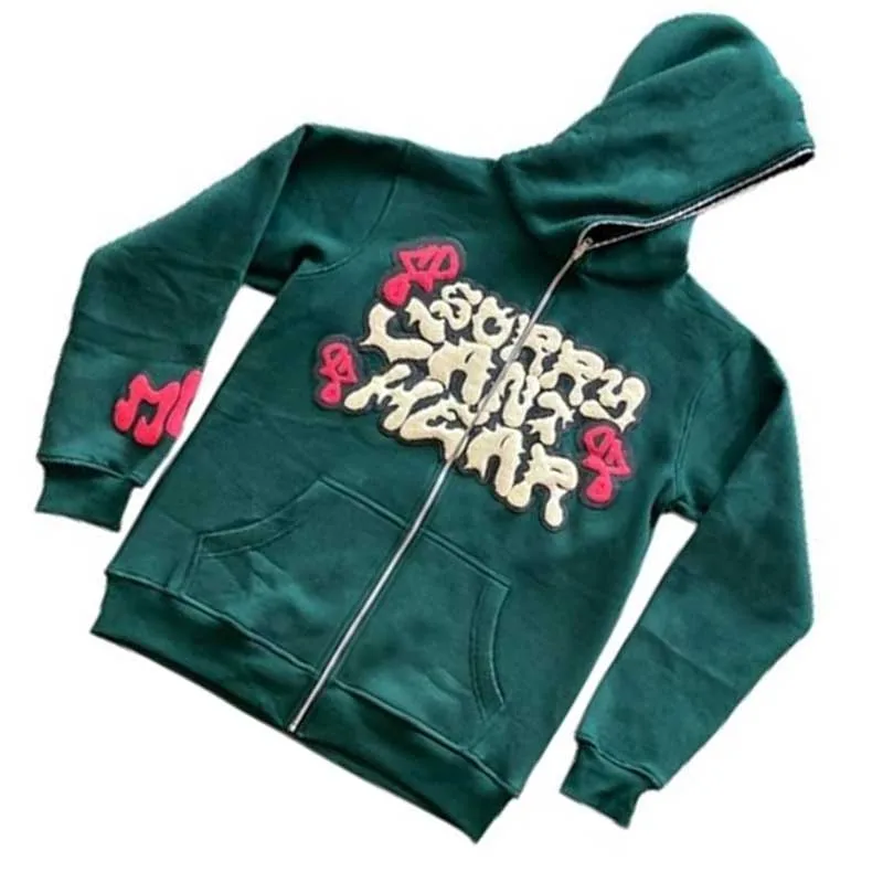 BIG PROMOTION y2k European American Autumn/Winter Men\'s New Foam Printing Letter Street Trend Loose Hooded Zipper Sweater