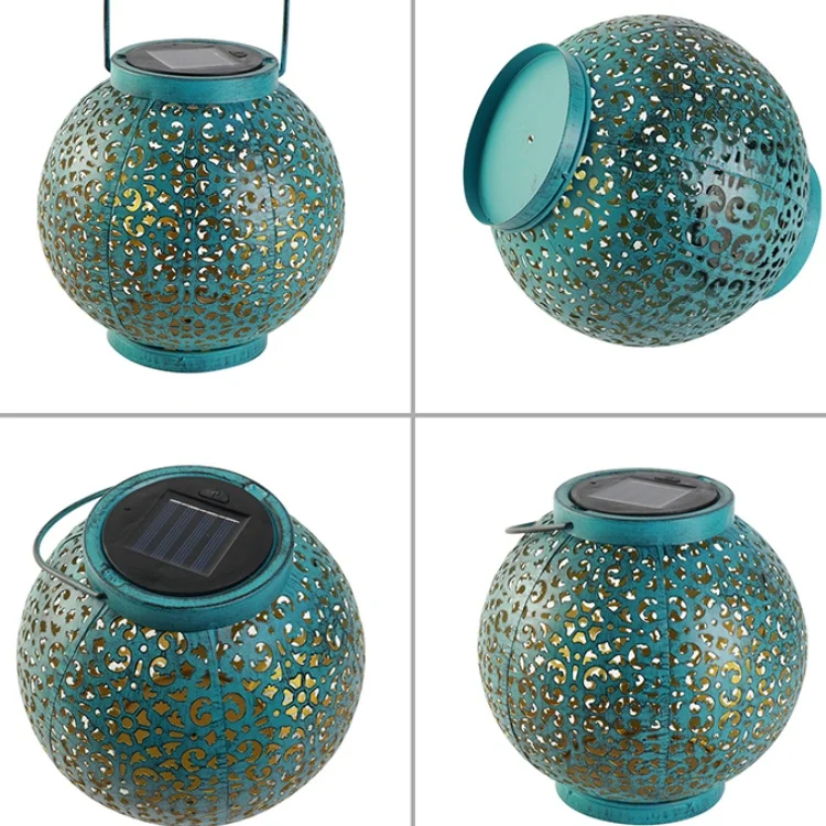 Solar Hanging Lantern Outdoor Lights, Solar Garden Lights Decorative Hanging Light, Outdoor Garden Solar Hanging Hollow Blue Lantern, for Patio Porch Garden Pathway Table Home Decor view 8