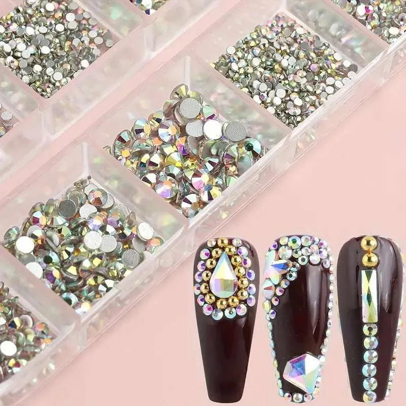 5Pcs/Set Professional Nail Art Multi-Size WhiteAB Crystal Rhinestones Flat DIY Bottom Crystal Clear Diamond Decorations Strass