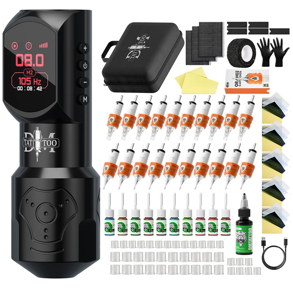 Tattoo Kit DM Red Dragon Wireless Rotating Tattoo Machine OLED Screen 4.0MM Stroke Professional Permanent Makeup Artist Supplies