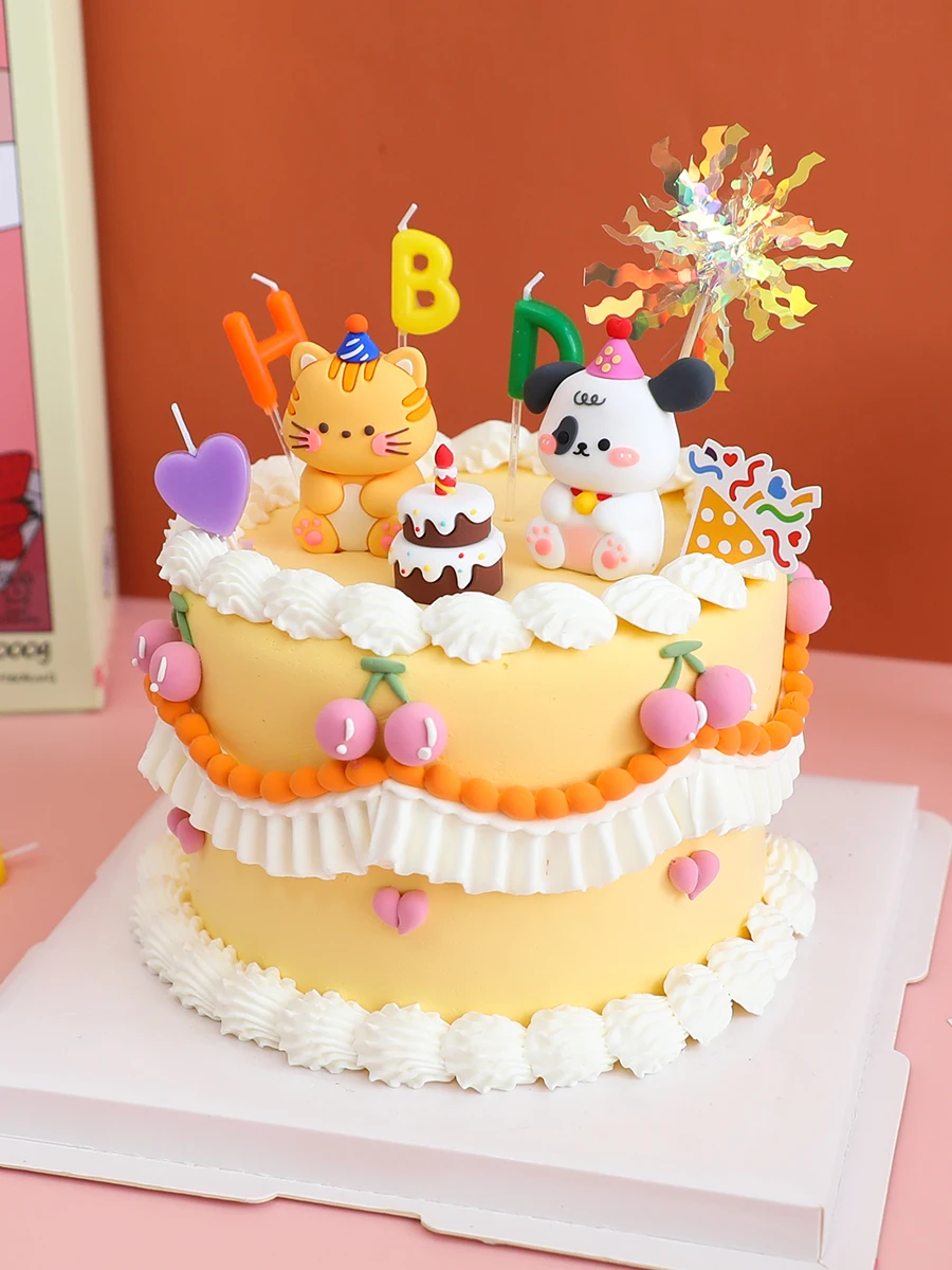 Kids Birthday Cake Topper Home Ornament Cartoon Cake Decoration Happy Birthday Party Kitten Puppy Bear Bunny Soft Rubber Doll