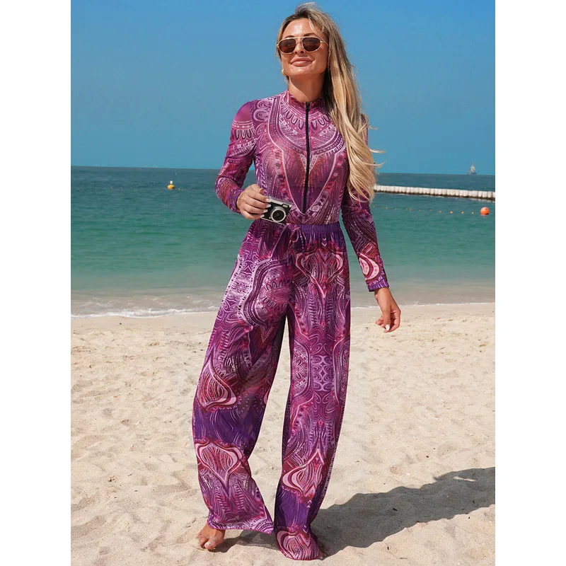 Women's Long Sleeve One-Piece Swimsuit with High-Waisted Wide-Leg Pants Two-Piece Set Outdoor Beach Sun Protection Swimwear Bath