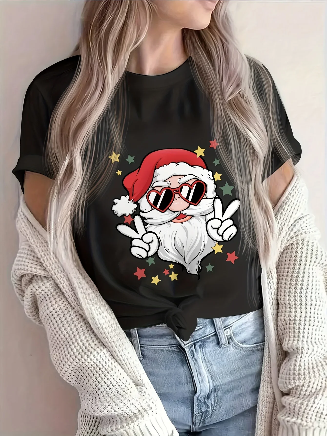 Women's Casual Santa Claus Pattern Print Round Neck Suitable for Dinner with Friends and Christmas Outfits Seasonal Fashion