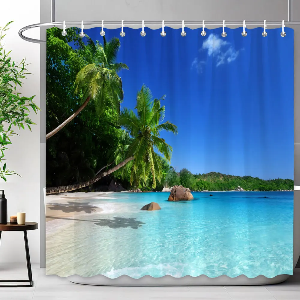 Seaside Scenery Shower Curtain Blue Ocean Beach Tropical Woods Outdoor Nature Landscape Polyester Shower Curtains Bathroom Decor