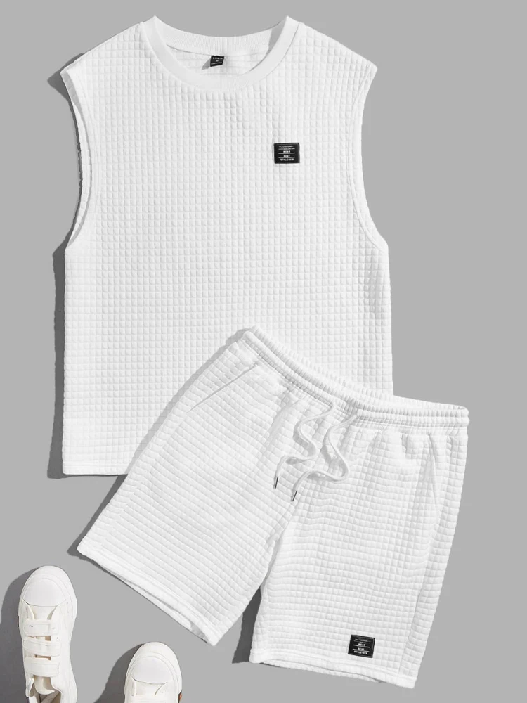 Summer New Suit Men Sleeveless Vest + Shorts Two Pieces Set Casual Sports Suit Male Fashion Trend Solid Color Jacquard Outfits