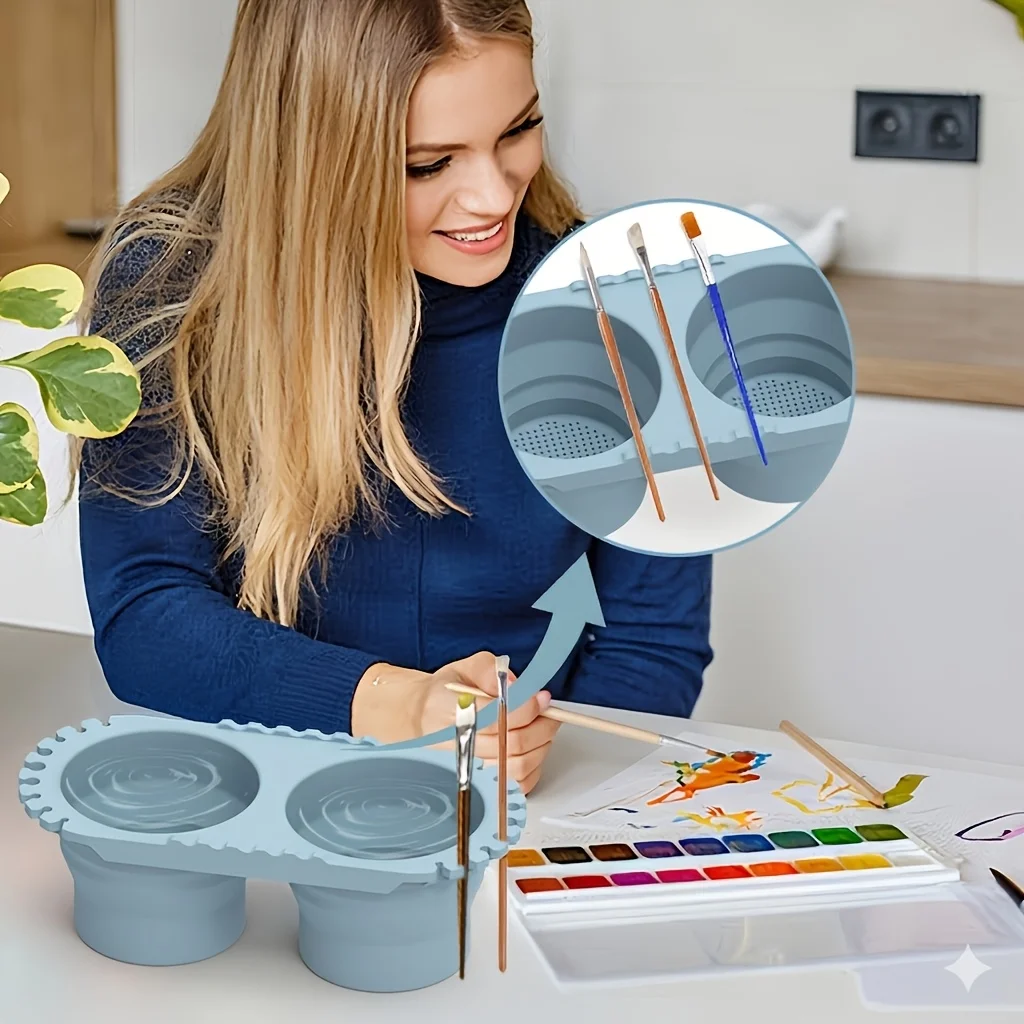 1PCS Foldable Silicone Dual Layer Brush Cleaning Cup with Built In Drying Rack Lightweight for Artist Outdoor Painting Gift
