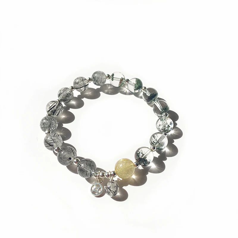 Natural Genuine Black Rutilated Quartz Bracelet Green Phantom Quartz Crystal Jewelry Women Gemstone Stretch Jewelry