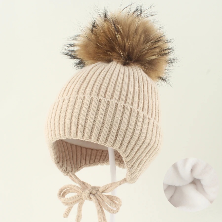 

1-6Y Children Real Raccoon Fur Pompom Hat Baby Winter Warm Fleece Lining Knitted Wool Beanies Kids Outdoor Earflap Cap