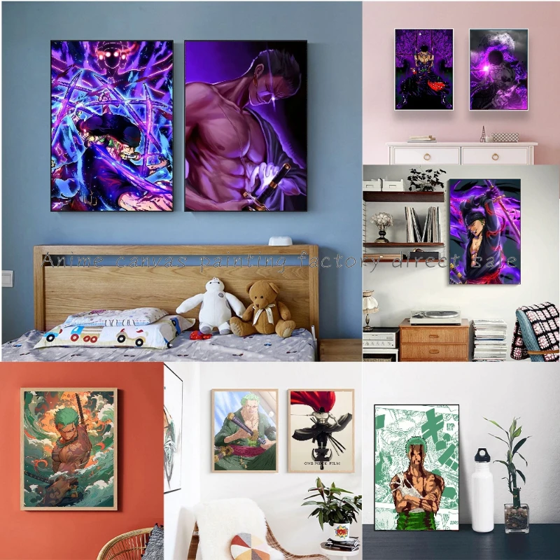 Affiche Toile One Piece Zoro - Set 5 Pièces Style Wano, Décoration Murale Anime, 150x80cm Sans Cadre