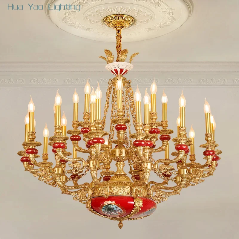 Hotel Villa Project Luxury Copper Red Hand Painted Ceramic Pendant Lamp French Style Living Room Hall Led Large Chandelier