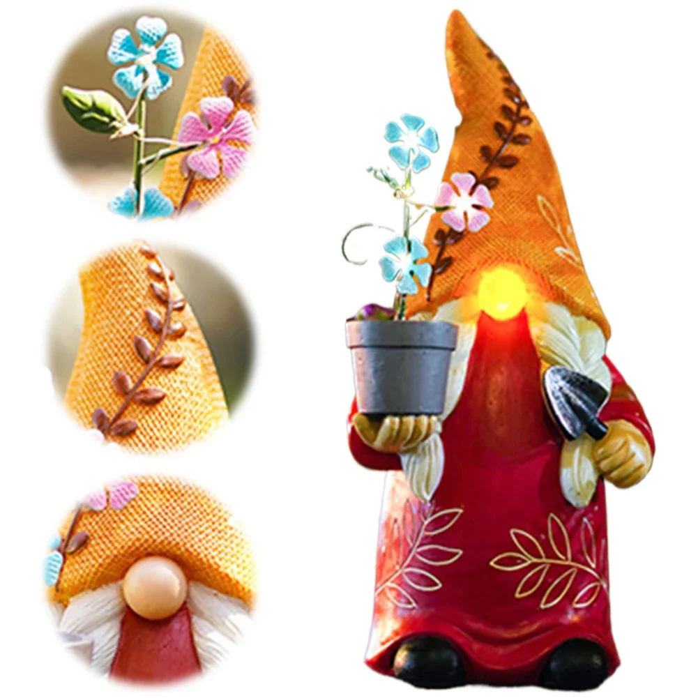 

Funny Gnome Sculpture Holding Pot and Flower with Solar Lights Outdoor Dwarf Statue Lawn Light Gifts for Housewarming Festival