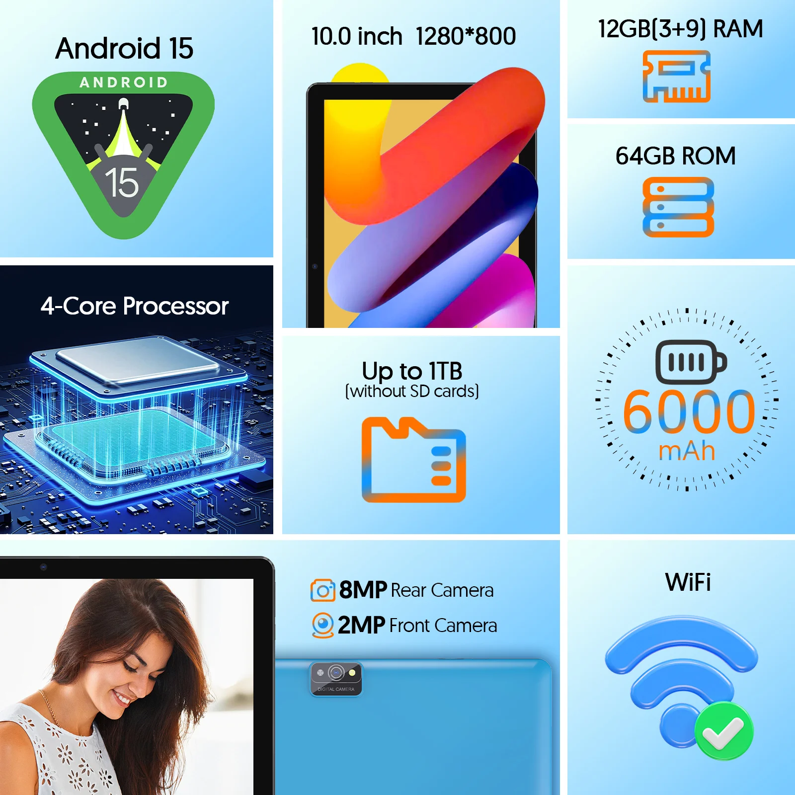 تابلت اندرويد 15، شاشة 10.0 بوصة، معالج رباعي النواة، ذاكرة وصول عشوائي 12 جيجابايت (3 جيجابايت + 9 جيجابايت)، تخزين 64 جيجابايت، كاميرات مزدوجة 2 ميجابكسل + 8 ميجابكسل، 6000 مللي أمبير في الساعة