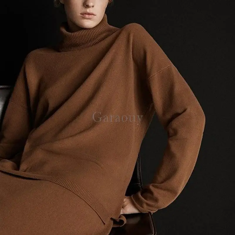 Garaouy 2022 Autumn Winter Women Solid Turtleneck Pullover Loose Sweater + High Waist Midi Skirt Female Knit Jumper Tops Bottoms