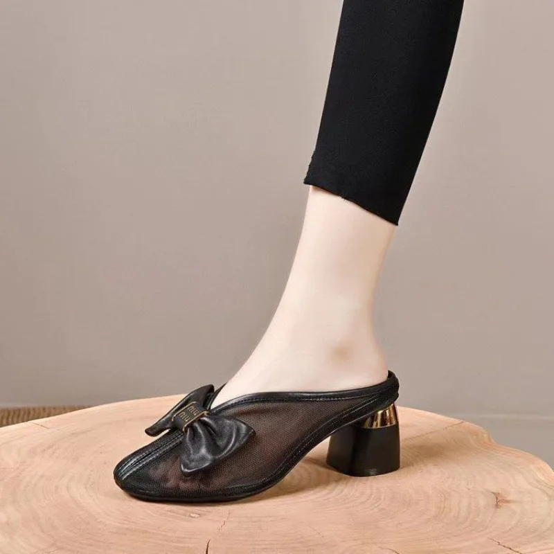 2024 Summer New Wear A Bow Net Gauze Lazy Hollow Breathable Slippers Fashion Elegant Bao Head High Heels Women's Mueller Shoes