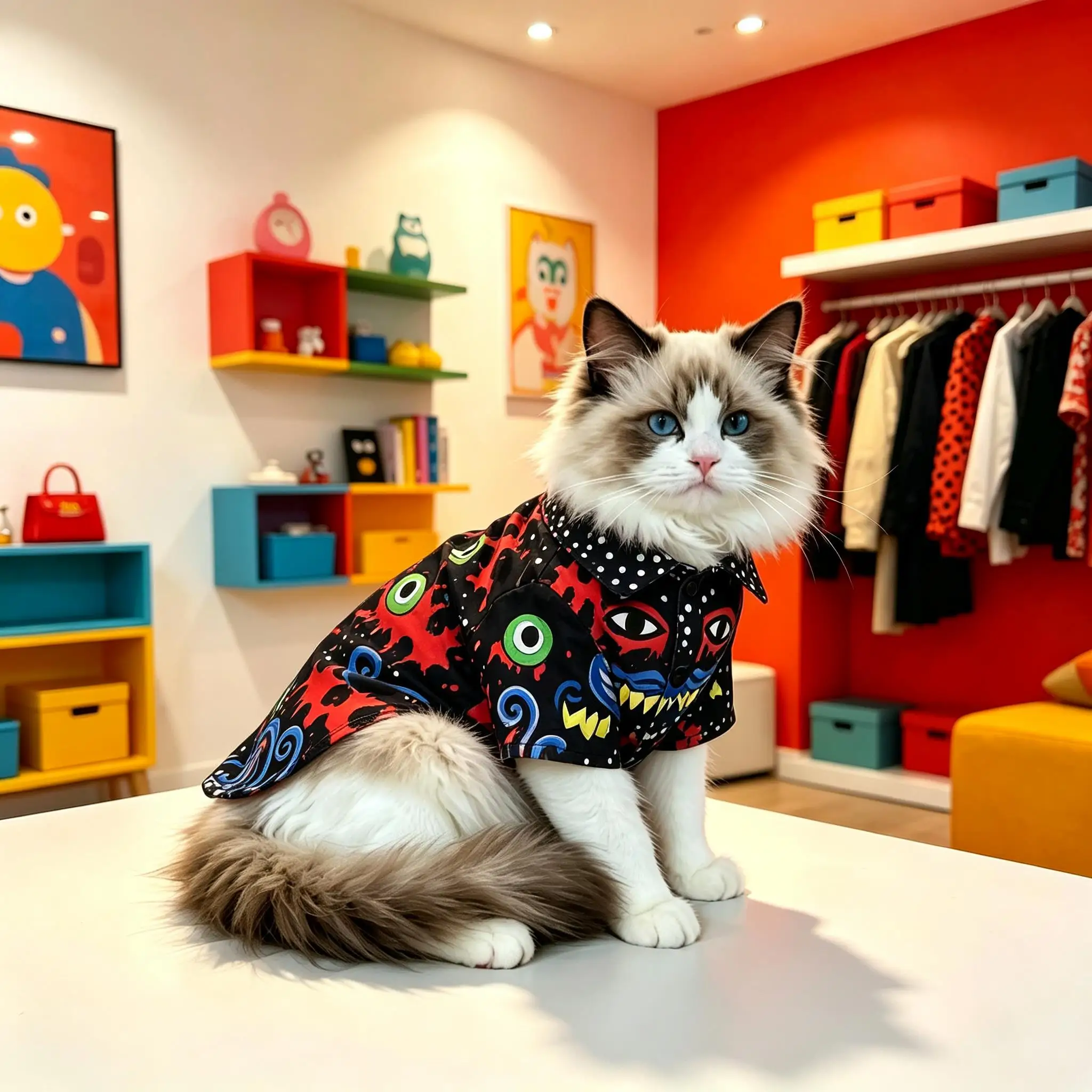 Pet Cat Shirt Black Red Graffiti Monster Eye Print Lightweight Button Up for Small Medium Cats Street Art Theme Daily Wear