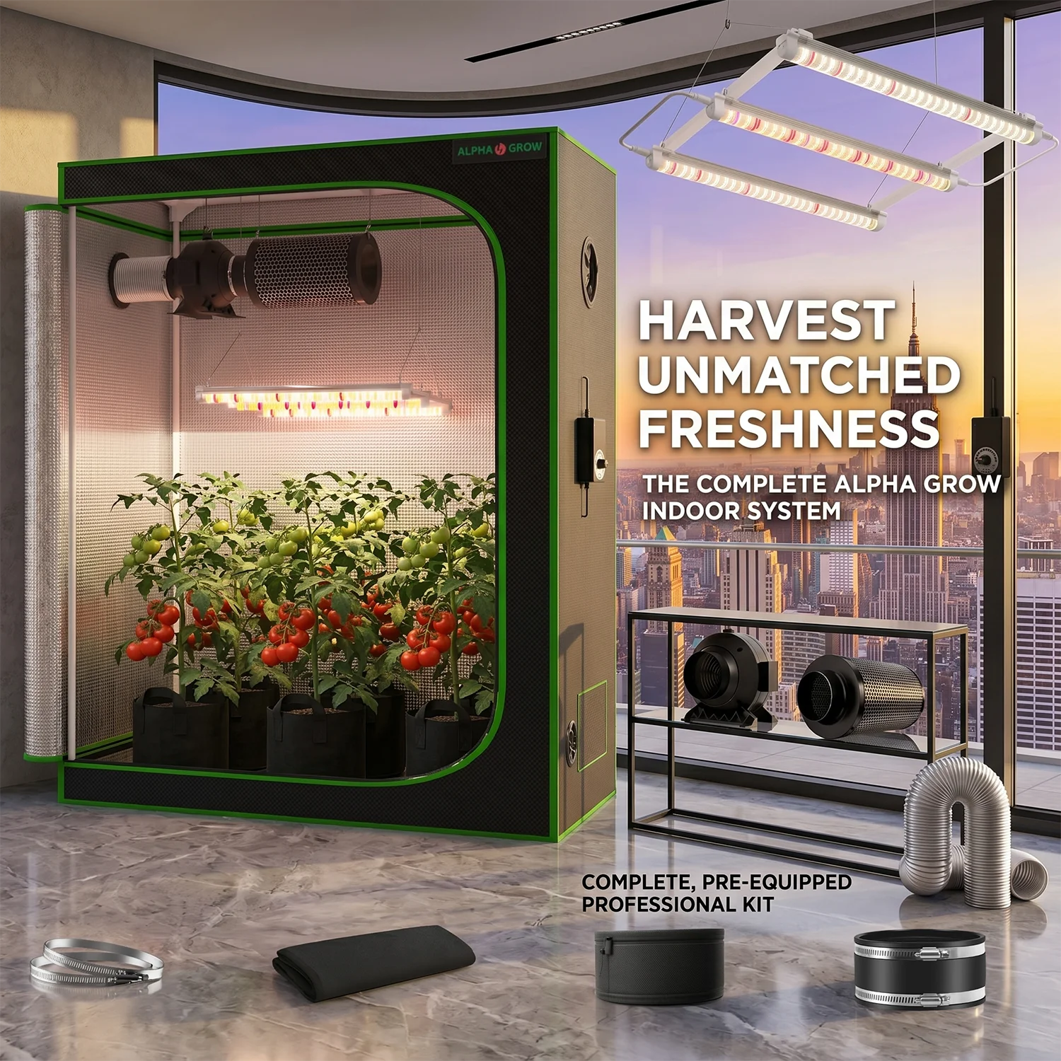 Alpha Grow Lightproof 48x24x60 Gardening Setup with Daisy-Chain 100W Phytolamp, Metal Frame & 4in Filter Cloth
