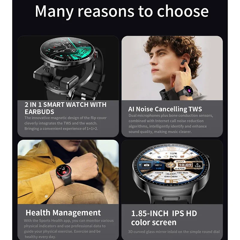 New TWS Smart Watch Build-in Earbuds 1.85inch Screenrt 2 IN 1 Wireless Earphones Blutooth Call Calories Sports Smartwatch