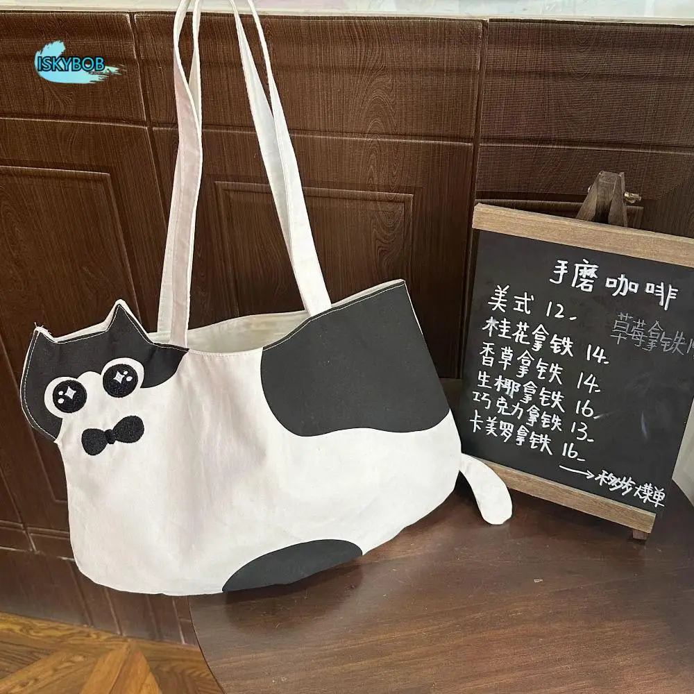 

Simple Cloth Printed Cat Shoulder Bag Print Cartoon Embroidery Canvas Bag Cute Tote Bag Handbag Outdoor