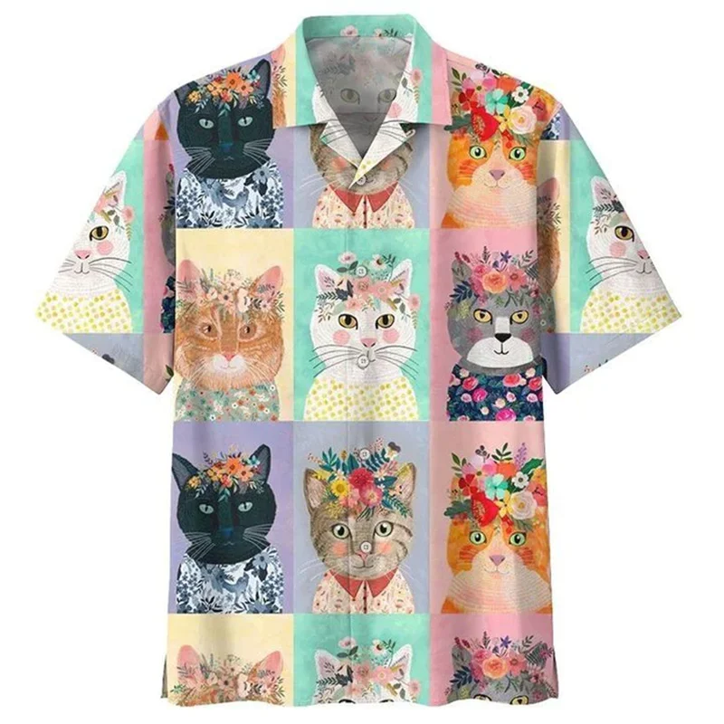 

3d Printed Cartoon Animal Cat Hawaiian Shirt Men Summer Vacation Button Down Lapel Shirts Tropical Plants Short Sleeve Blouse