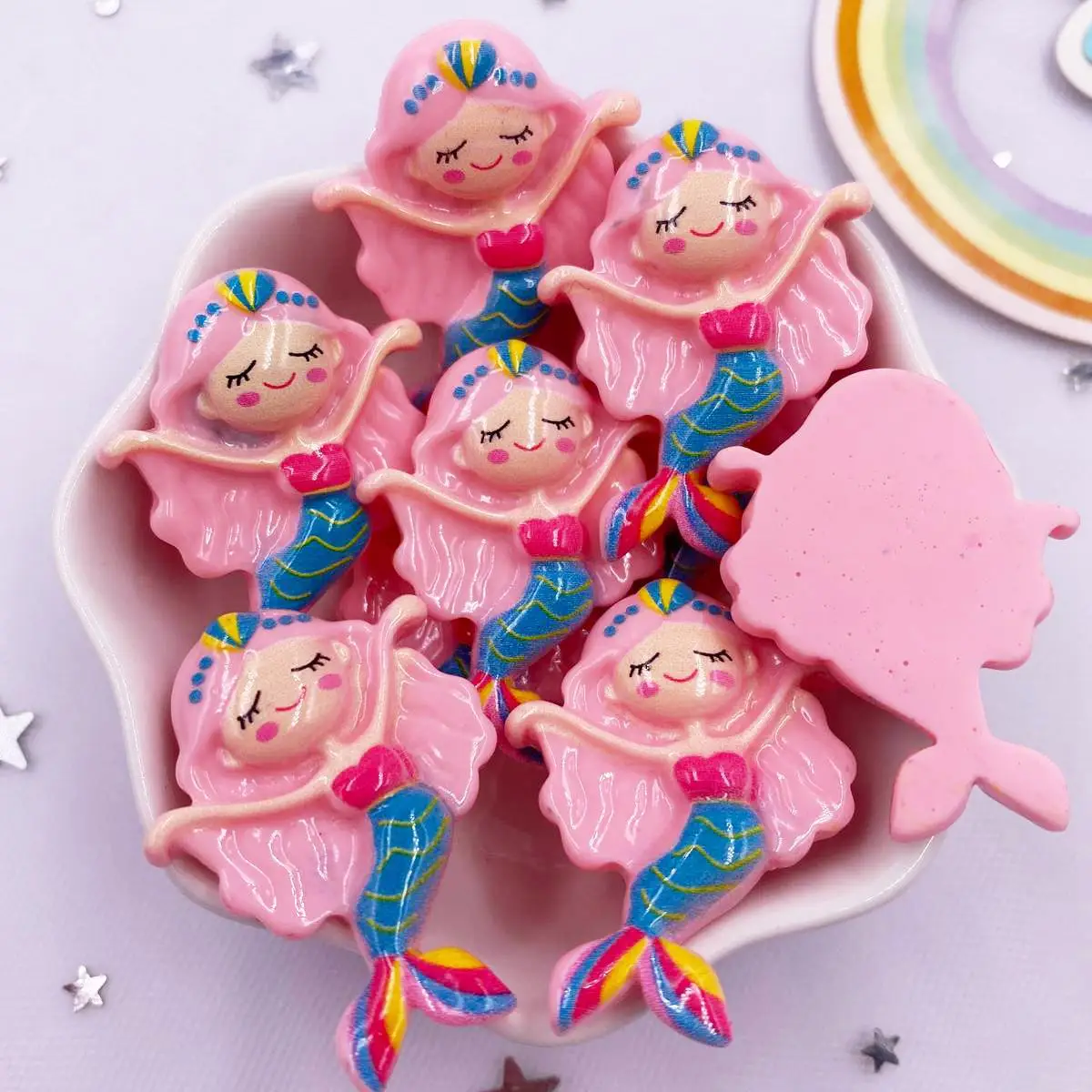 Colorful Resin Cute Pink Mermaid Princess Girl Flatback Stone Figurines 10PCS Scrapbook DIY Bow Hairpin Decor Crafts Accessories