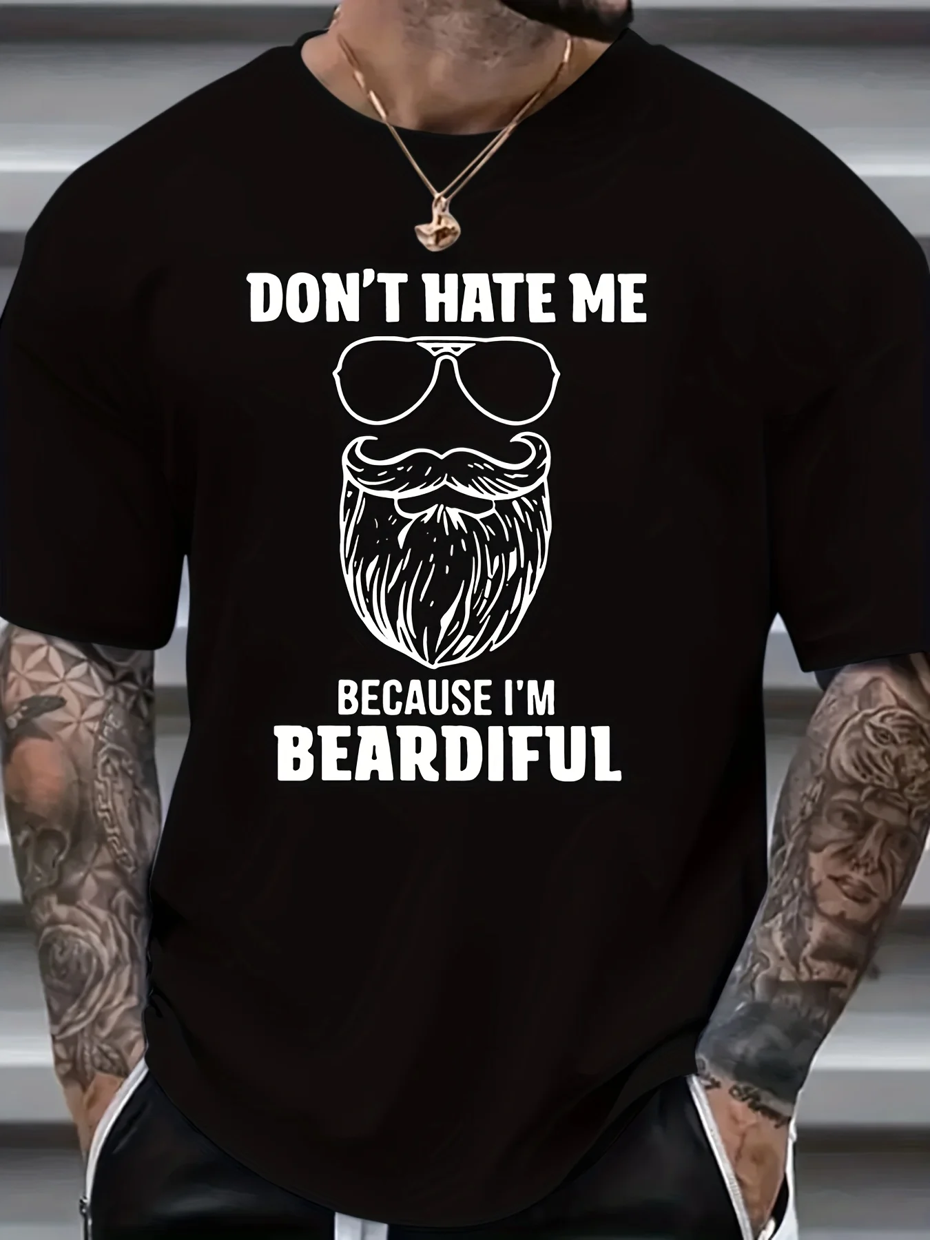 

Men's Plus Size Graphic T-Shirt - "Don't Hate Me Because I'm Beardful" Slogan & Beard Design, Black Relaxed Fit Casual Tee