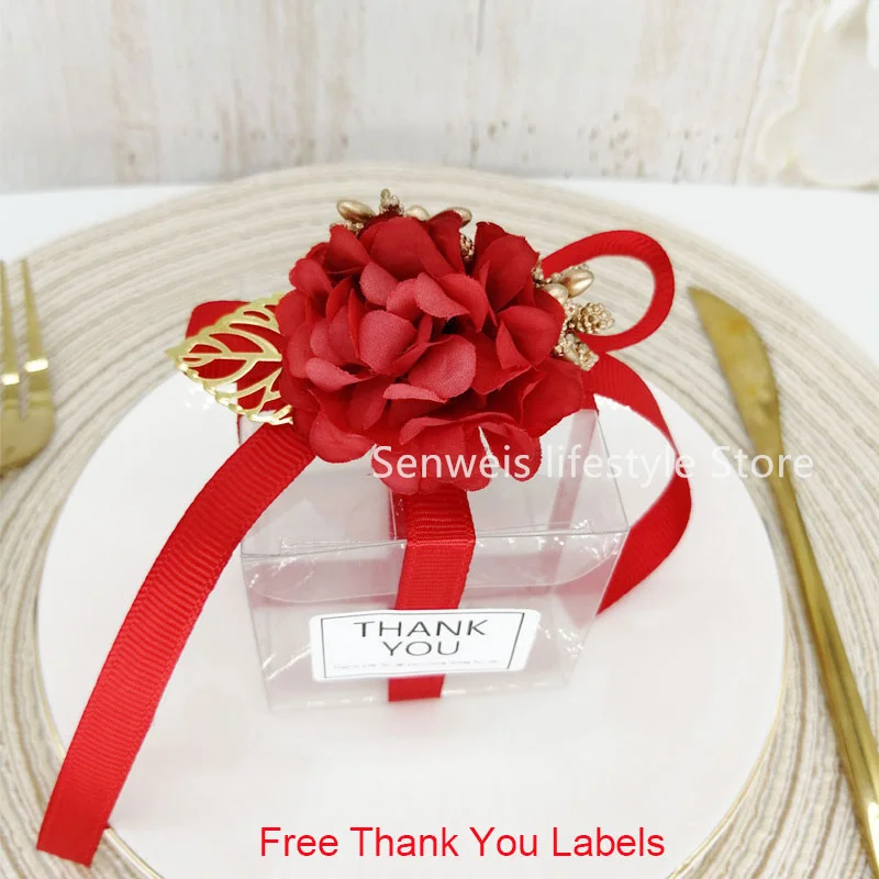 20Pcs/lot Flower Gift Box Romantic Ribbon PVC Transparent Square Candy Box Wedding Gifts for Guests Present Favors Packaging Bag