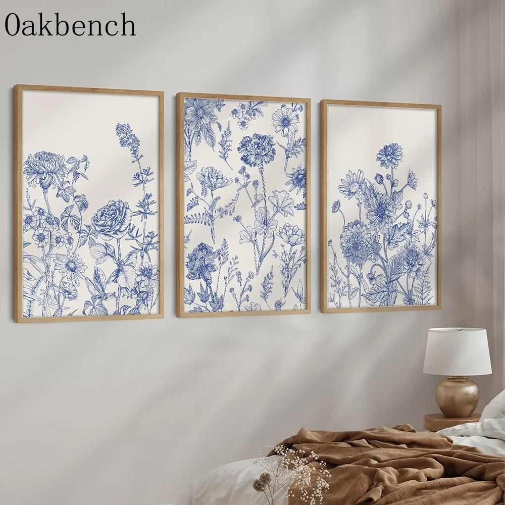 Blue Rose Daisy Flower Wall Art Flower Market Canvas Painting Celadon Series Print Poster For Living Room Decoration