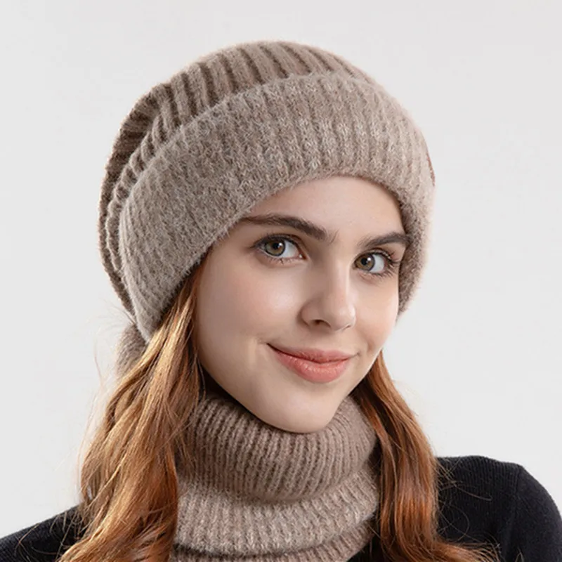 Chapeau tricoté épais et chaud pour femmes, Protection des oreilles, avec écharpe polaire, ensemble deux pièces, hiver