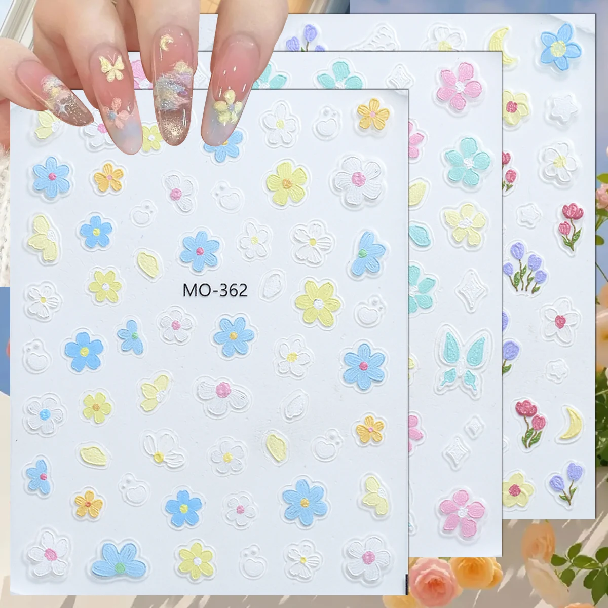 3/6/12 Sheets 5D Embossed Pastel Flower Butterfly Daisy Nail Stickers Cute Floral Self Adhesive Spring Nail Decals