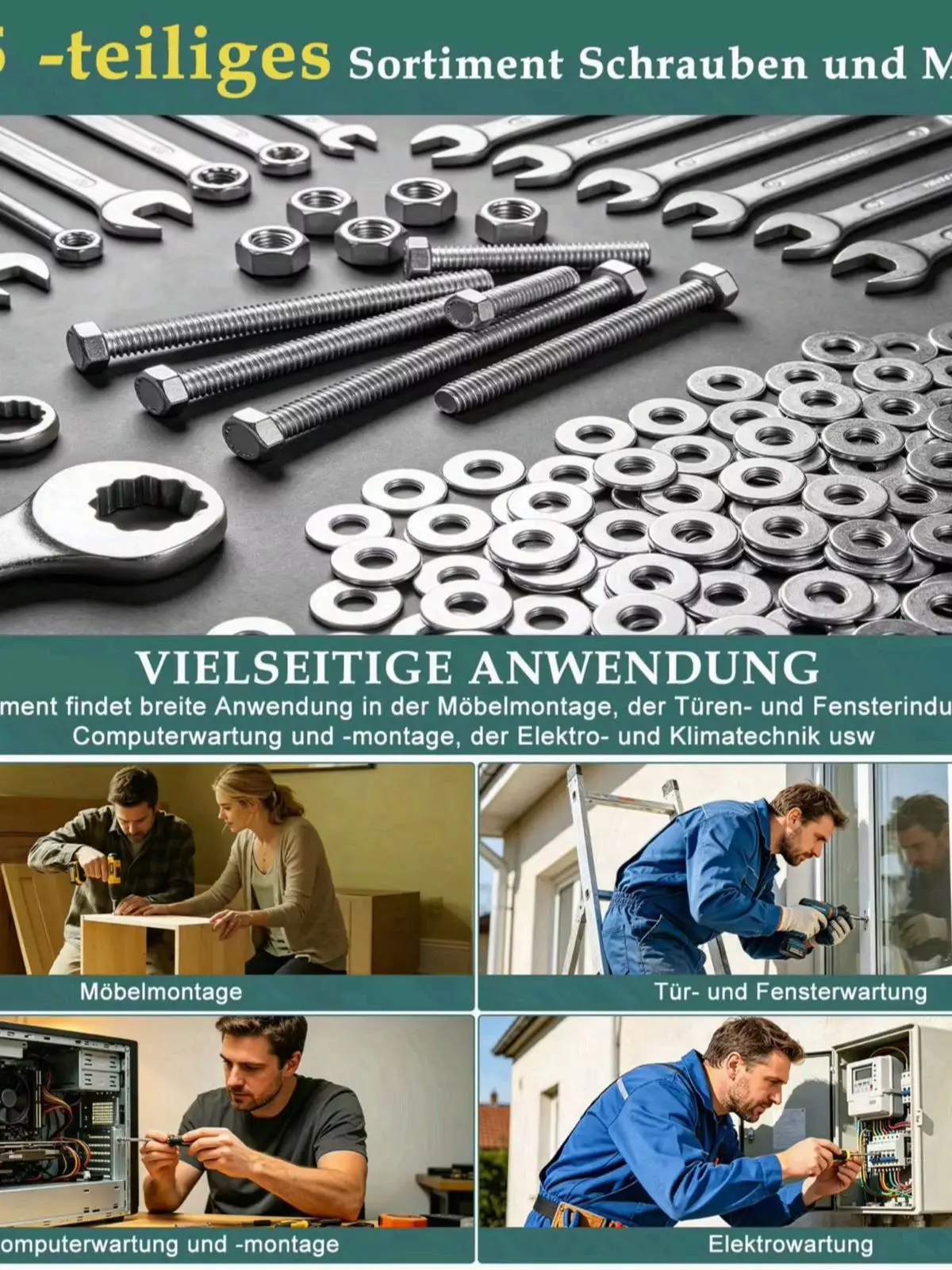 1575-teiliges Schrauben- und Muttern-Set, Sortiment M4 M6 M8 M10, Edelstahl-Sechskantschrauben mit Unterlegscheiben für Reparaturen, DIY und Heimwerkerbedarf