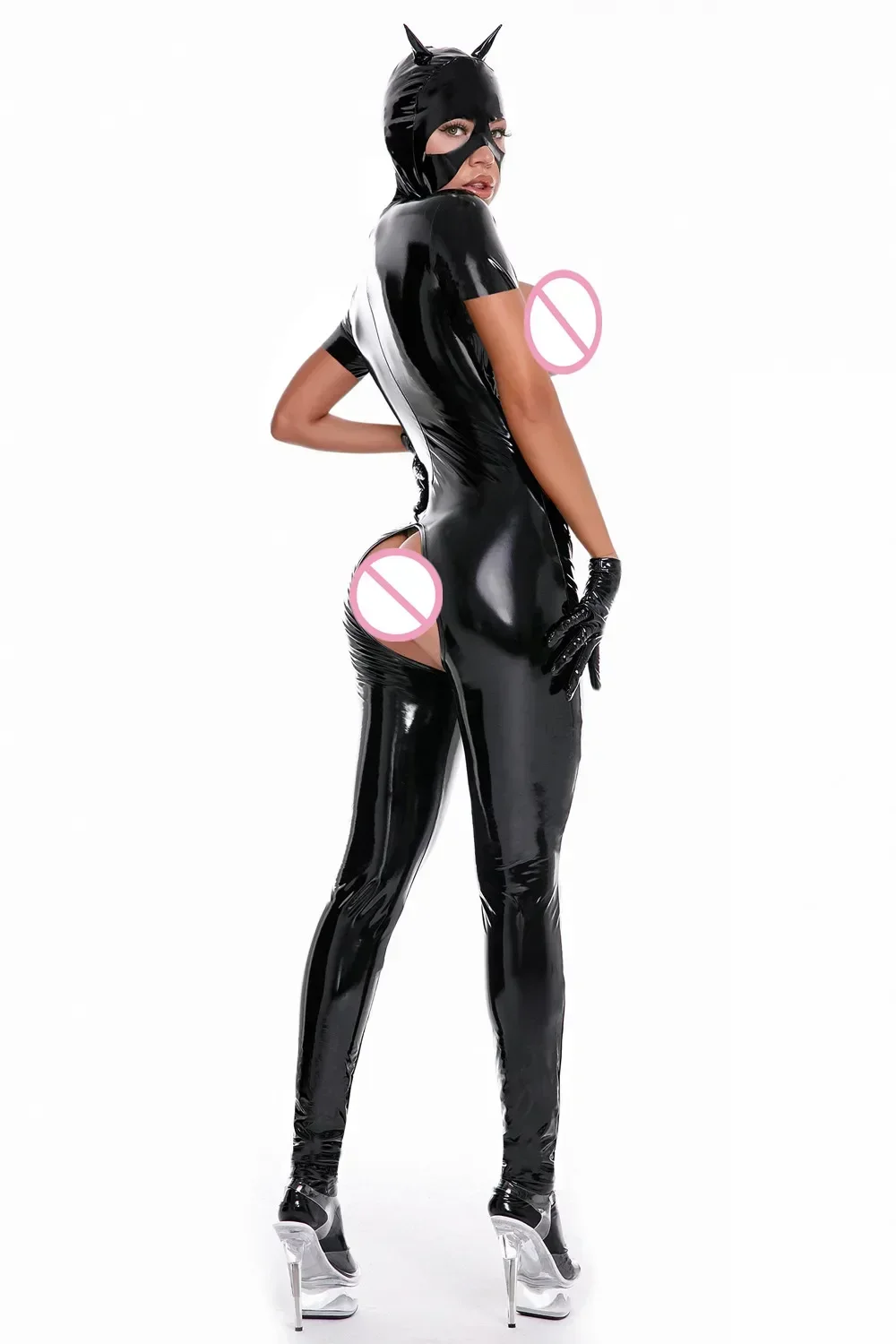 Erotic Breast Exposing Jumpsuit Teddy Lingerie Catsuit Sexy Women Leather Bodysuit Zip Open Crotch Skinny Latex Pants Costumes