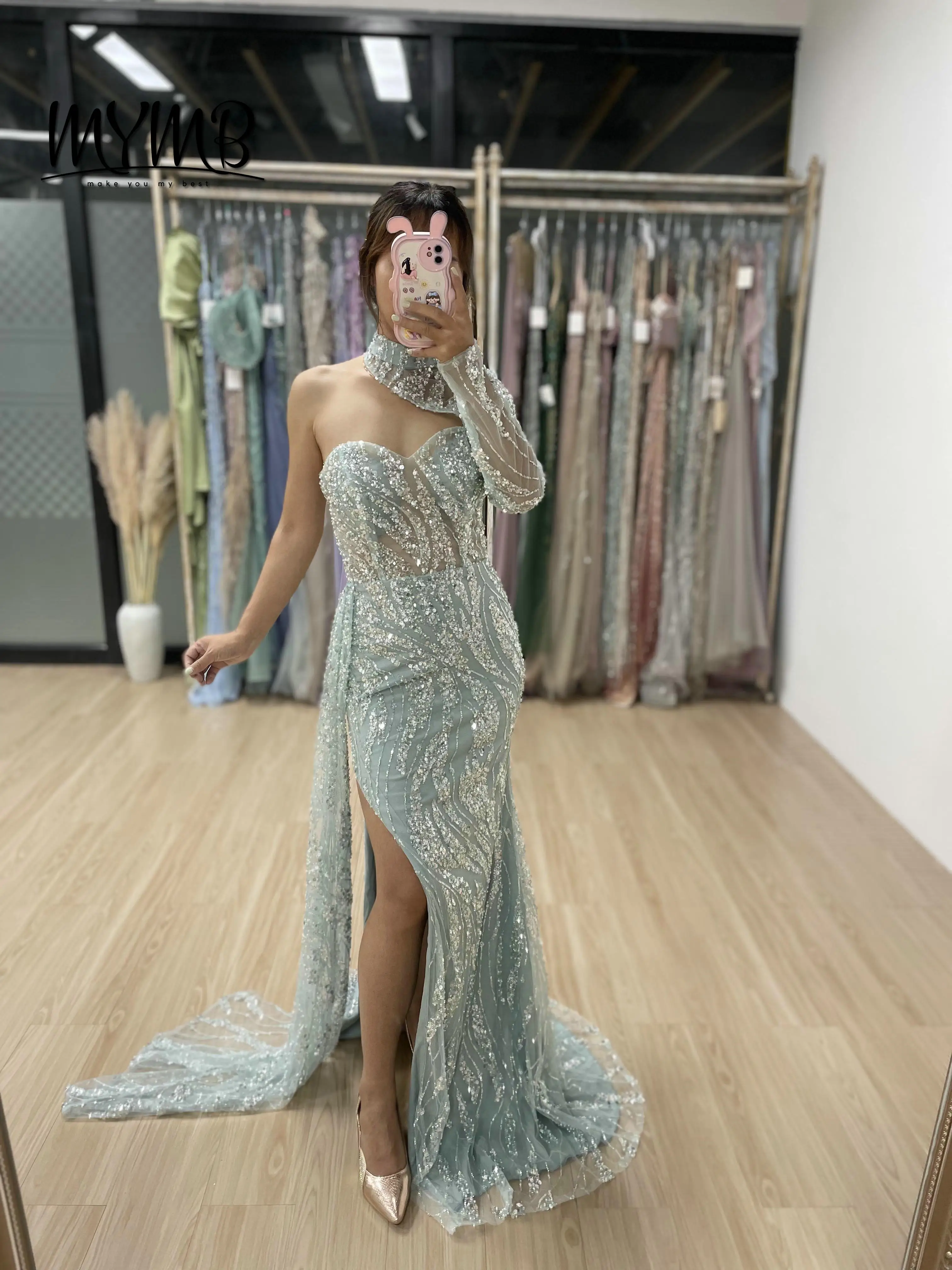 MYMB Stilvolles One-Shoulder-Meerjungfrau-Abschlussballkleid mit Schlitz, individuelles Langarm-Hochzeitskleid in Übergröße für Frauen MY30033