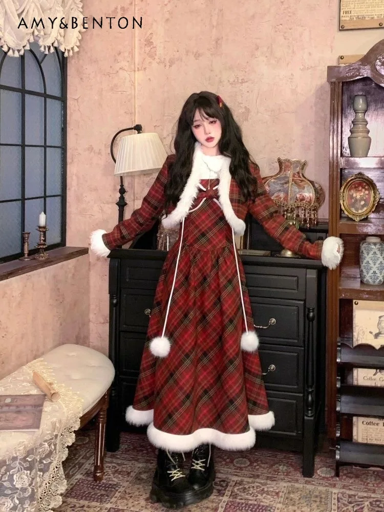 2025 الربيع والخريف خمر منقوشة قصيرة سترة سترة القوس عالية الخصر فستان بحزام أبيض كم طويل الداخلية ثلاث قطع مجموعة #1