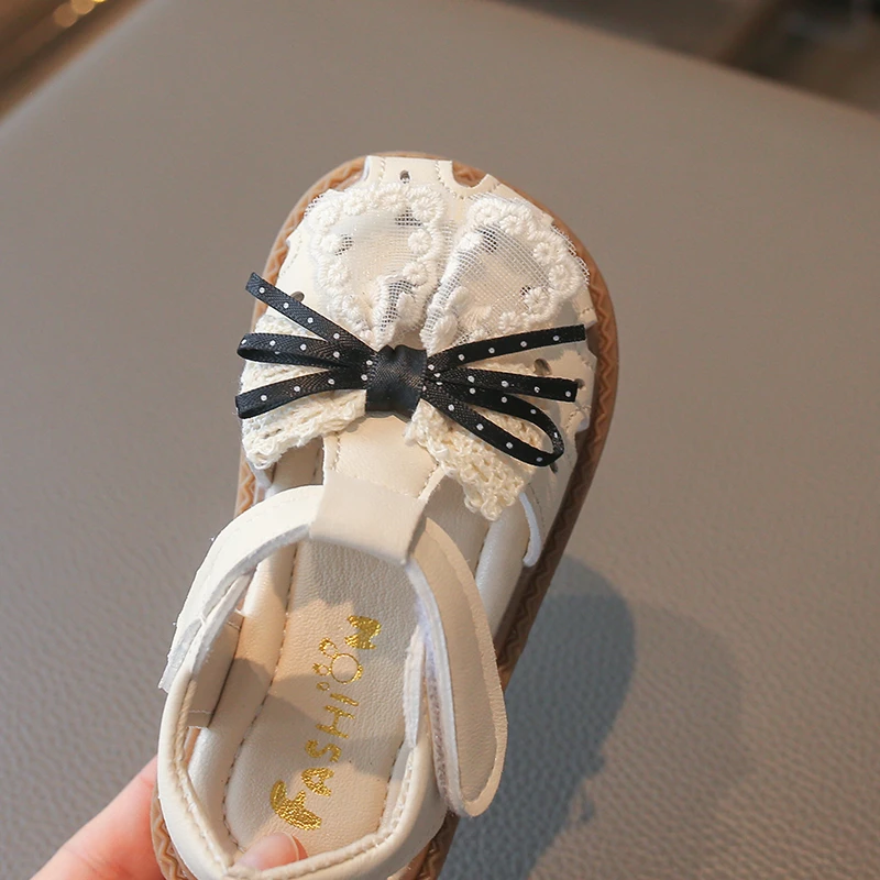 2026 New Girls' Beige Toe-Cap Sandals, Lace Bow Velcro Soft Sole Non-Slip Children's Shoes, Summer Cute Princess Shoes 16-26 view 5
